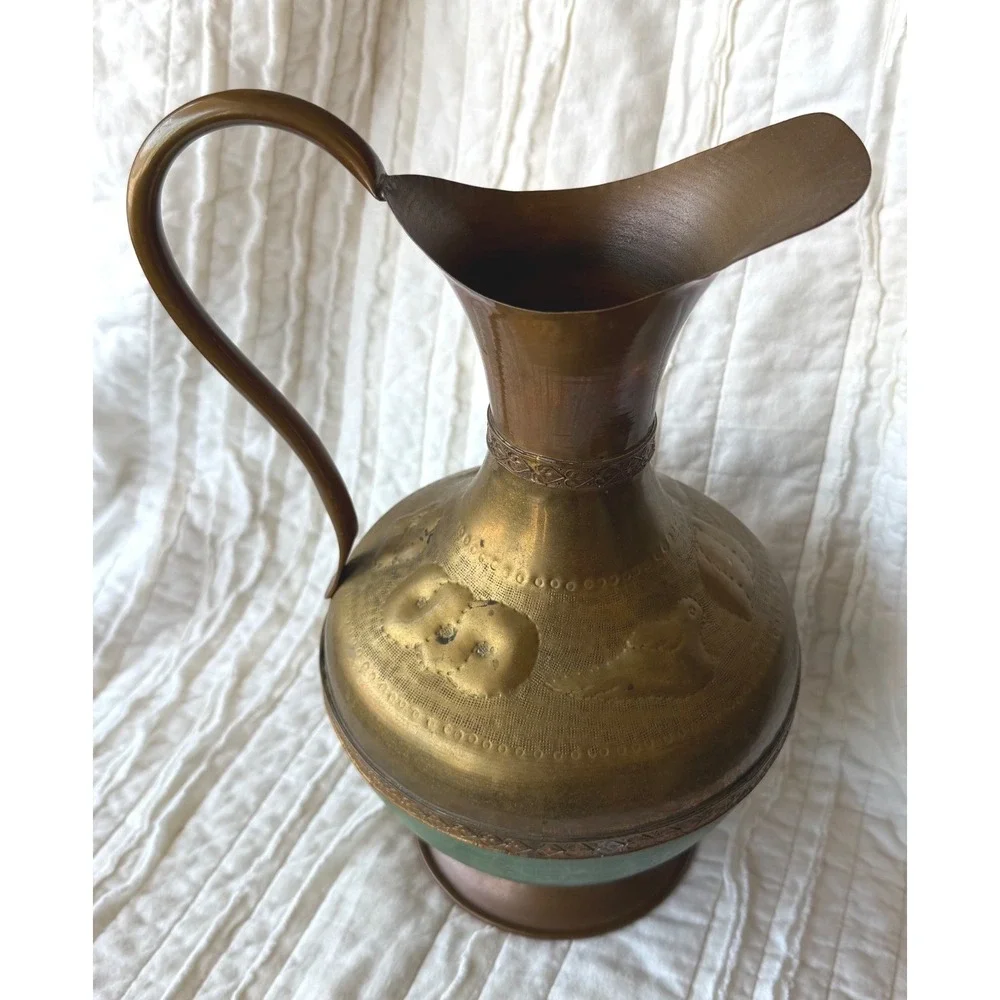 Vintage Copper Brass Decorative Pitcher Vase Embossed Patina Home Decor 12in